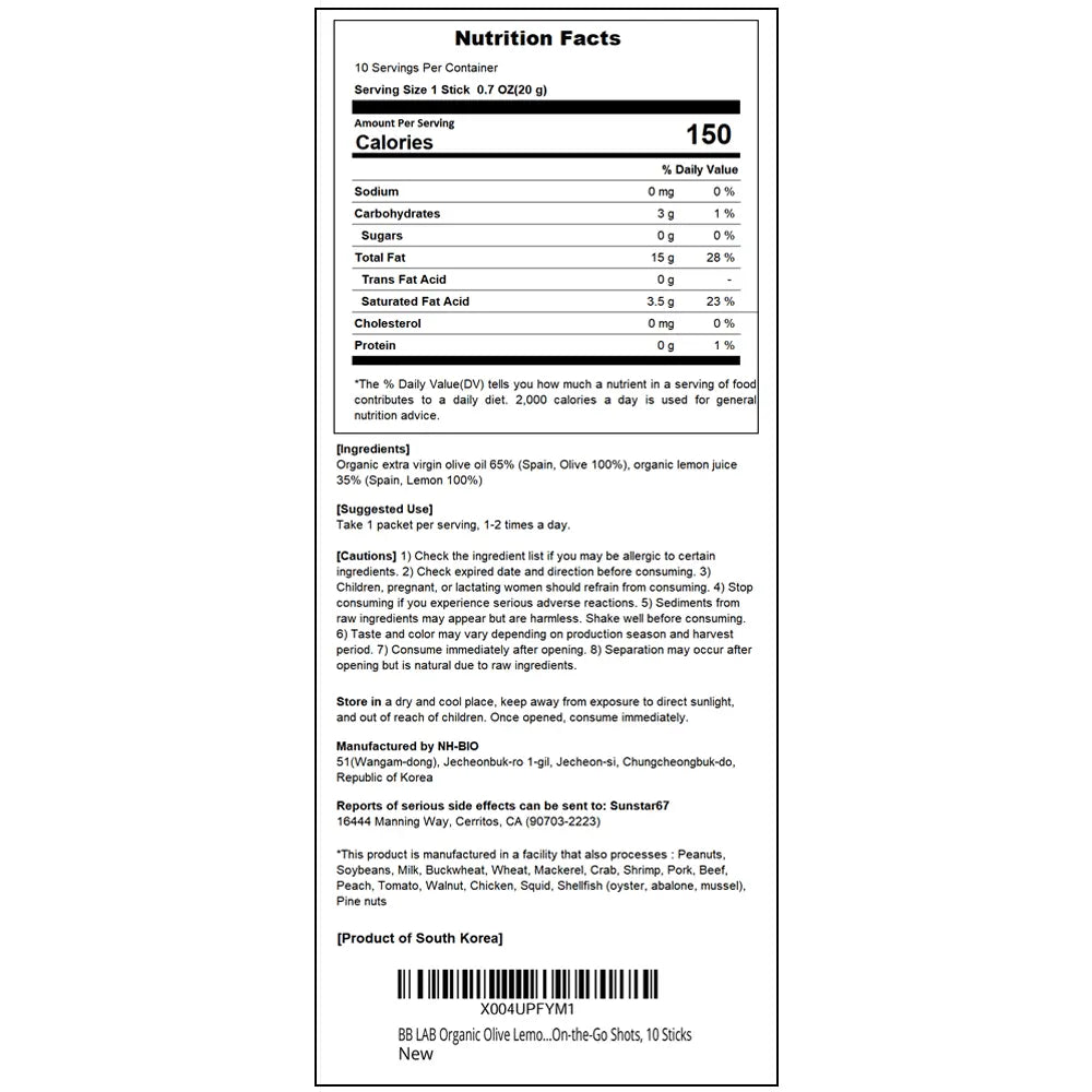 BB LAB Comprehensive Health Organic Olive Lemon Dual Shot, 20g x 10 Sticks