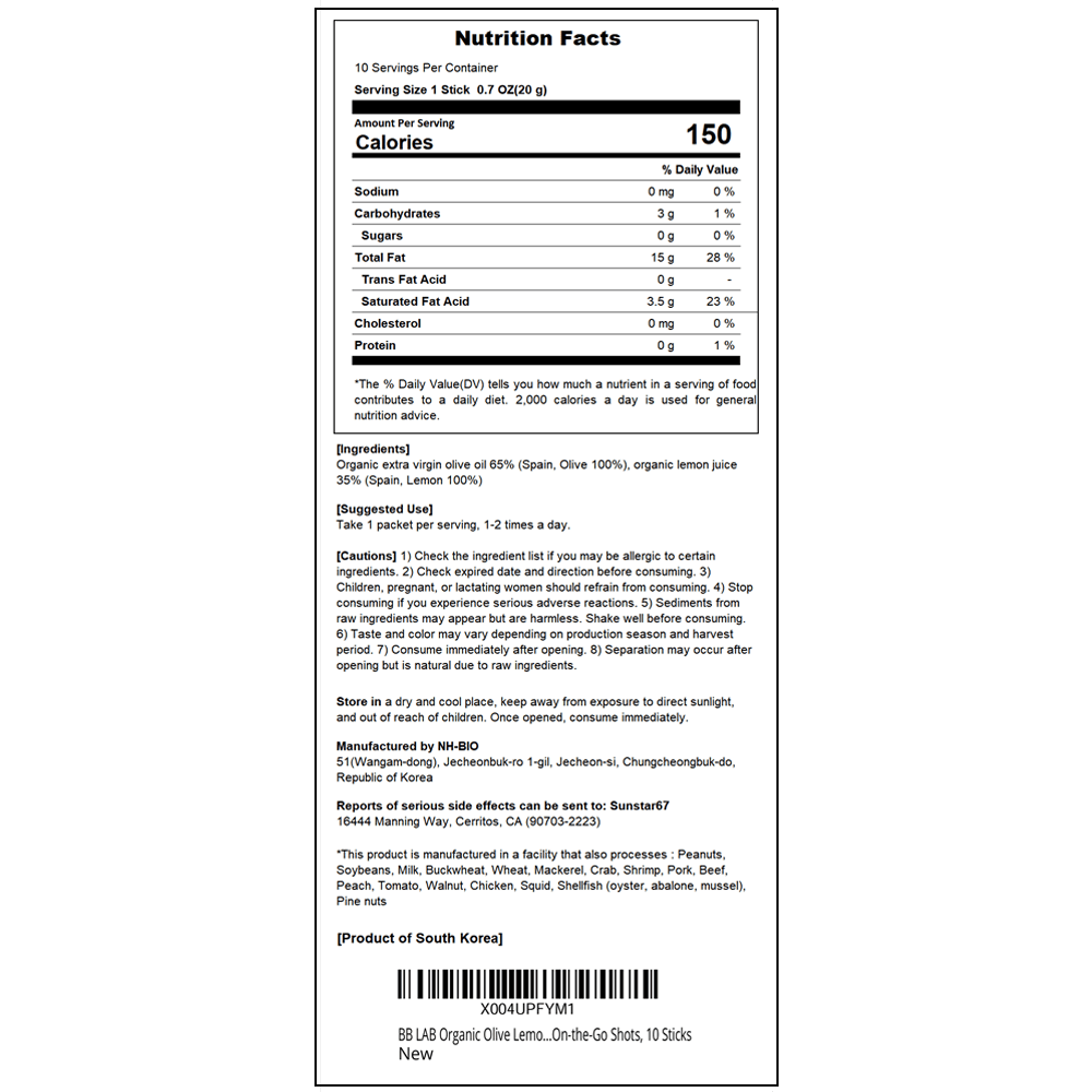 BB LAB Comprehensive Health Organic Olive Lemon Dual Shot, 20g x 10 Sticks